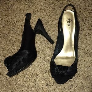 Fioni Night Black Silk Slingback Peep Toe Heel